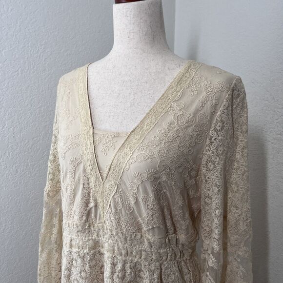Reba Midi Beige Antique Lace Dress Women Large Romantic Boho Long Sleeve - Picture 5 of 9
